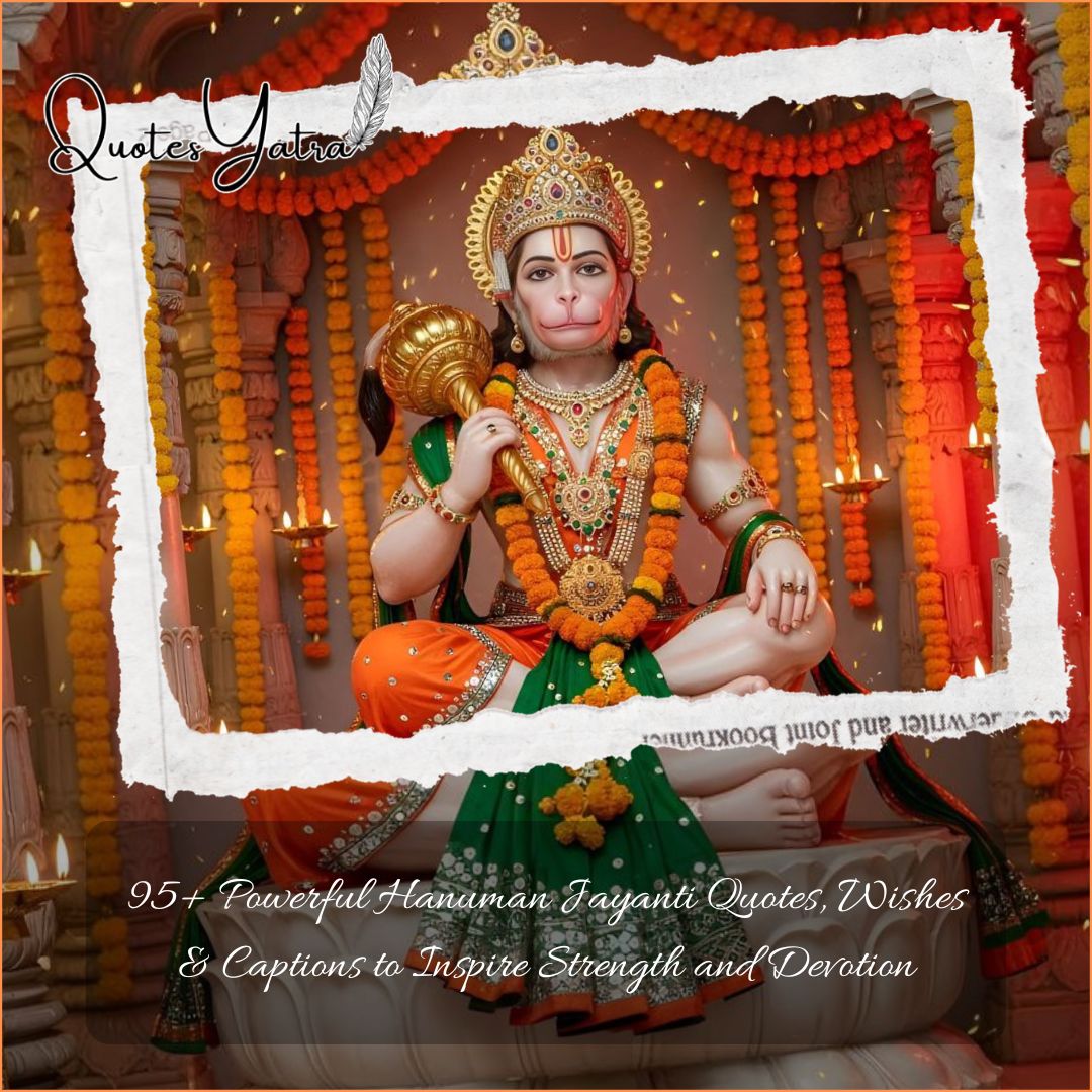 Hanuman Jayanti quotes and wishes featured image with Lord Hanuman idol decorated with marigold garlands and diyas