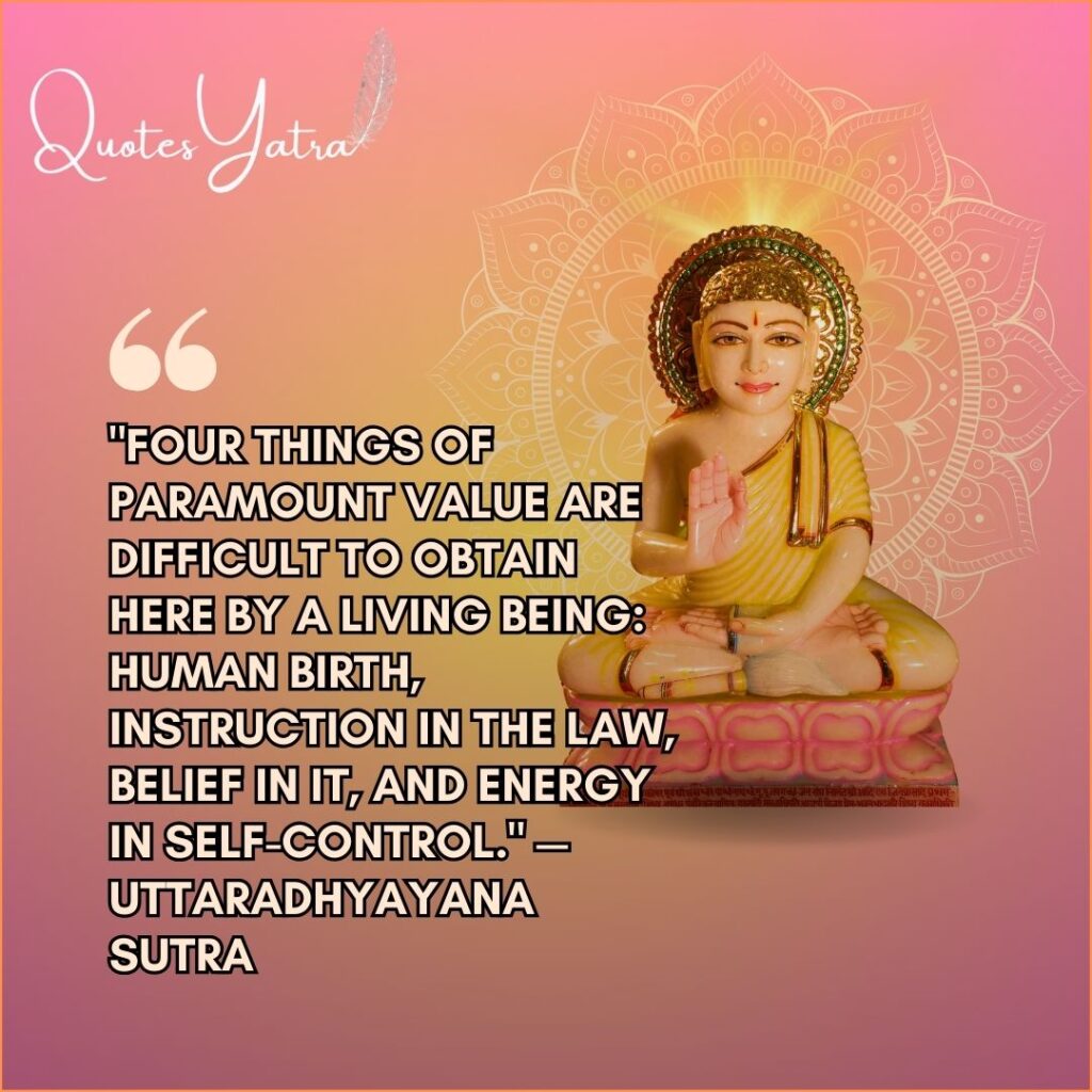Jain scripture quote from Uttaradhyayana Sutra illustration with Lord Mahavira statue