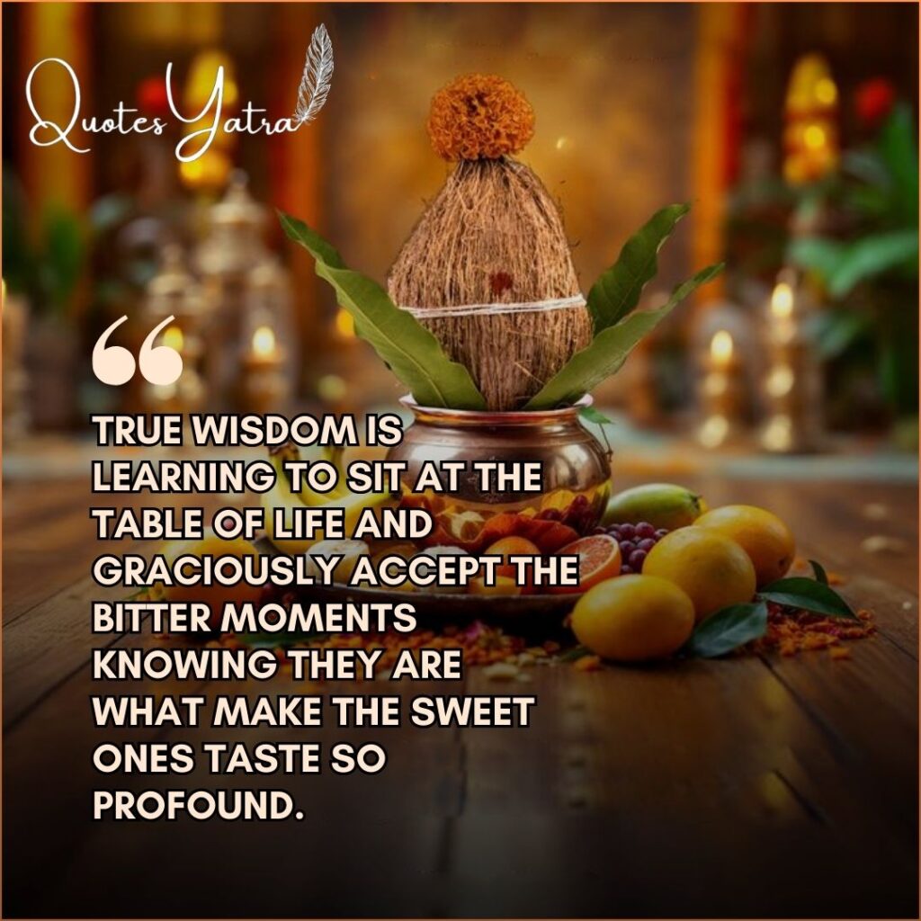 Ugadi Bevu-Bella themed quote card with decorated kalash, coconut, and festive fruits.