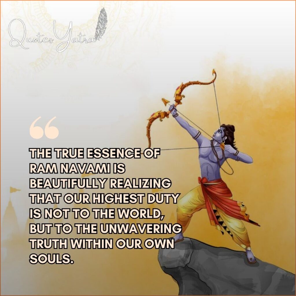 Lord Rama standing on a rock aiming his bow symbolizing inner truth and the philosophy of Dharma.