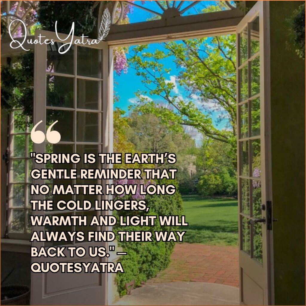 Open doors leading to green garden symbolizing hope and renewal with original spring quote by QuotesYatra