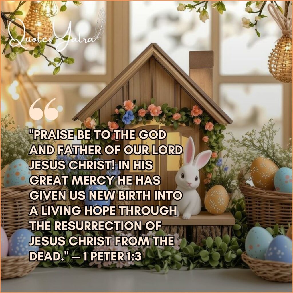A decorative miniature Easter house adorned with spring flowers and a white ceramic bunny beside wicker baskets filled with blue and gold Easter eggs on a sunlit window ledge