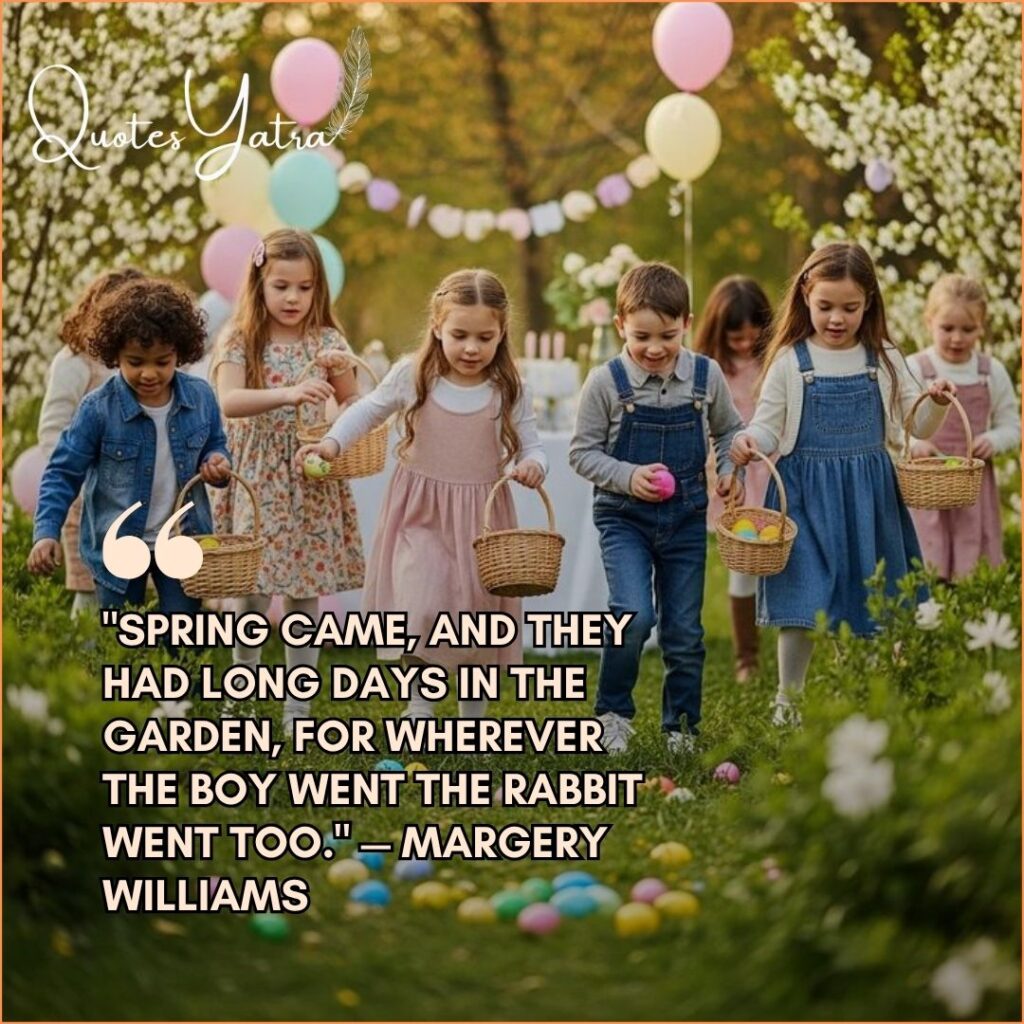A group of diverse children carrying wicker Easter baskets and running through a blooming spring garden decorated with pastel balloons and white flowering trees during an Easter egg hunt