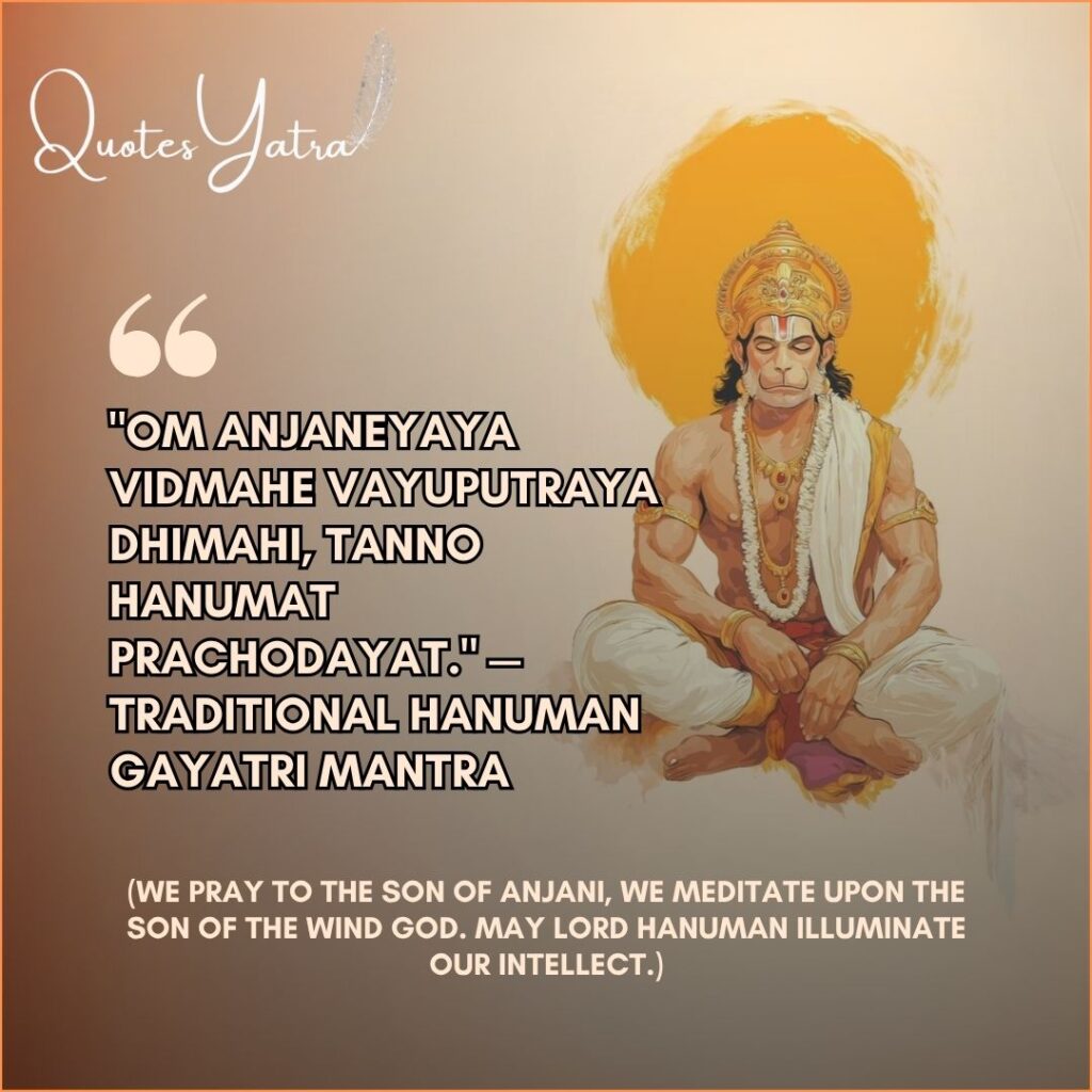 Traditional Hanuman Gayatri Mantra graphic featuring a meditative illustration of Lord Hanuman in dhyana mudra.
