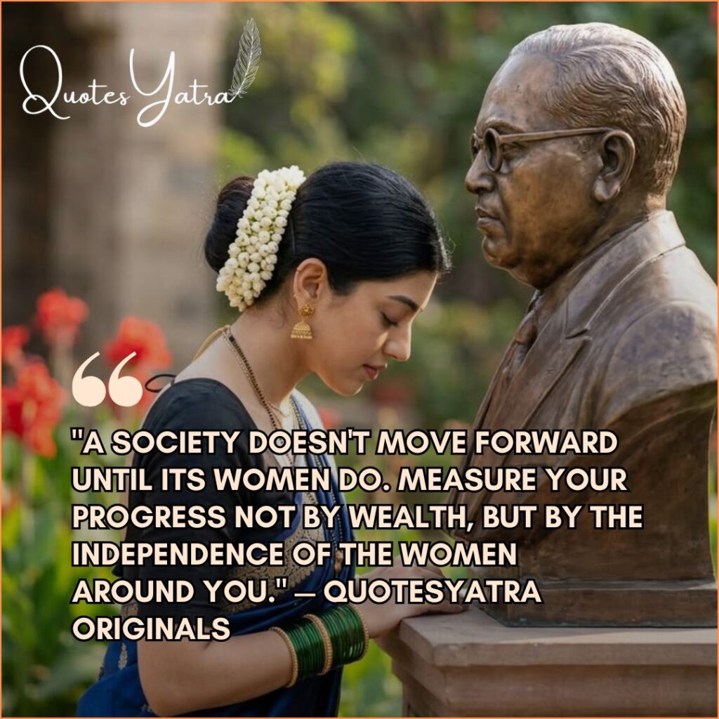 Indian woman paying respect to Ambedkar statue with quote on women’s progress and independence