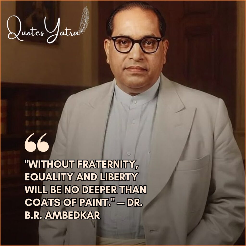 Dr. B. R. Ambedkar portrait at desk highlighting equality, justice, and constitutional values